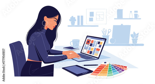 Flat vector graphic designer working on laptop with color swatches and pen tablet on desk. Clean creative workstation