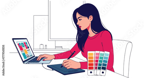 Flat vector graphic designer working on laptop with color swatches and pen tablet on desk. Clean creative workstation