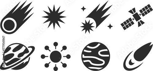 Space Icons Vector Set, Meteor, Planet, Satellite, and Solar Symbols in Black Silhouette.