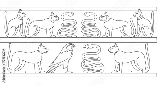 Ancient Egyptian Frieze Border with Cats, Snakes, and Falcon Outline Vector