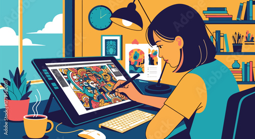 Flat vector illustrator using digital drawing tablet with floating graphic layers around. Creative digital art workflow