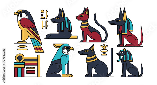 Ancient Egyptian Gods and Symbols Icons Set: Flat Outline Vector Illustration