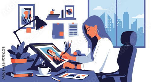 Flat vector illustrator using digital drawing tablet with floating graphic layers around. Creative digital art workflow