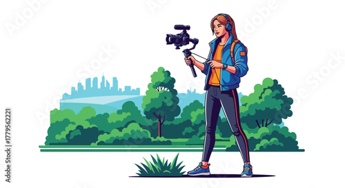 Flat vector videographer filming with gimbal camera in outdoor park scene. Clean cinematic workspace, solid colors