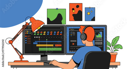 A skilled vector illustration showcasing a man film editor editing video content in a professional studio, ideal for creative themes	