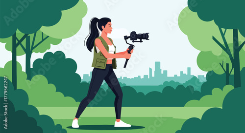 Flat vector videographer filming with gimbal camera in outdoor park scene. Clean cinematic workspace, solid colors