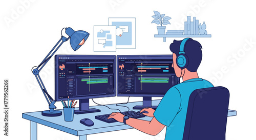 A skilled vector illustration showcasing a man film editor editing video content in a professional studio, ideal for creative themes	