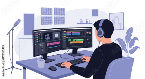 A skilled vector illustration showcasing a man film editor editing video content in a professional studio, ideal for creative themes	