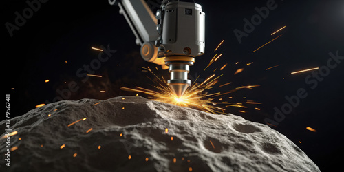 Futuristic robotic arm using laser on an asteroid in deep space fueling industrial growth and new frontier economy with advanced technology and powerful precision