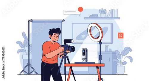 Flat vector content creator filming product with camera in creative photography studio