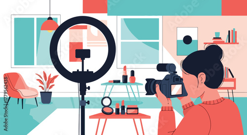 Flat vector content creator filming product with camera in creative photography studio