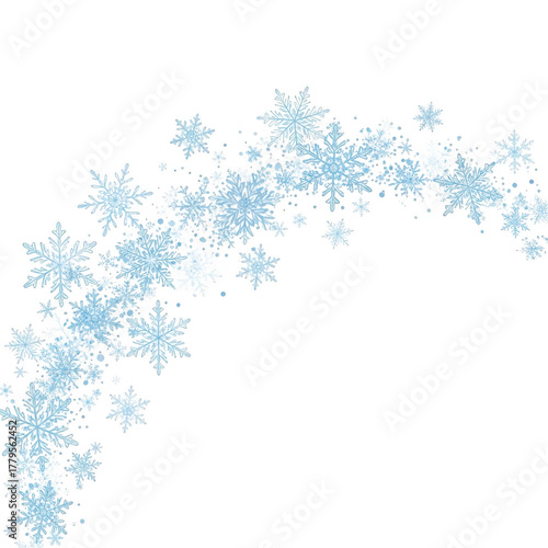 A cluster of light blue snowflakes on a black background forming an arc
