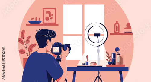 Flat vector content creator filming product with camera in creative photography studio