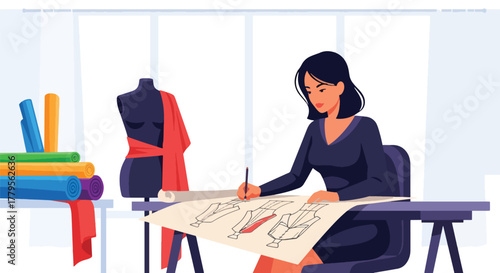 Flat vector fashion designer sketching clothing with mannequin and fabric rolls nearby. Creative studio workspace