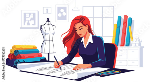 Flat vector fashion designer sketching clothing with mannequin and fabric rolls nearby. Creative studio workspace