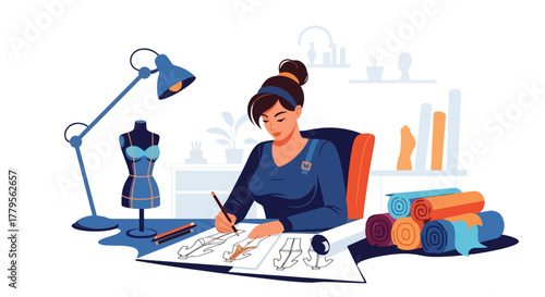 Flat vector fashion designer sketching clothing with mannequin and fabric rolls nearby. Creative studio workspace