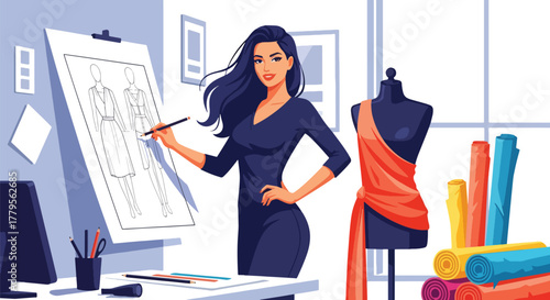 Flat vector fashion designer sketching clothing with mannequin and fabric rolls nearby. Creative studio workspace