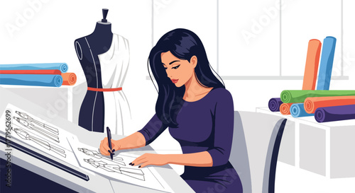 Flat vector fashion designer sketching clothing with mannequin and fabric rolls nearby. Creative studio workspace