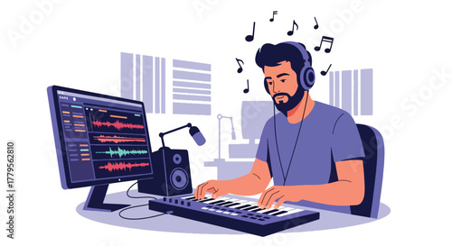 Flat vector music producer creating track using MIDI keyboard and headphones. Clean studio composition