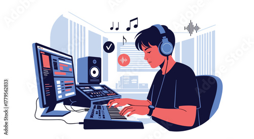 Flat vector music producer creating track using MIDI keyboard and headphones. Clean studio composition