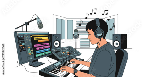 Flat vector music producer creating track using MIDI keyboard and headphones. Clean studio composition