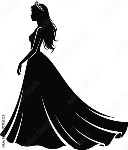 Black silhouette shows a woman with long gown and tiara against transparent background