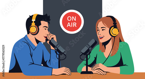 Flat vector podcaster recording audio with microphone and headphones in cozy sound room