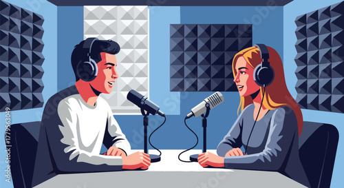 Flat vector podcaster recording audio with microphone and headphones in cozy sound room