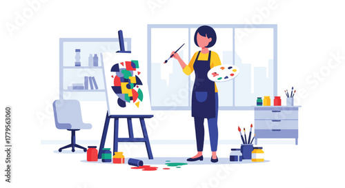 Flat vector illustrator painting on canvas with jars of paint beside. Artistic studio mood with solid shapes