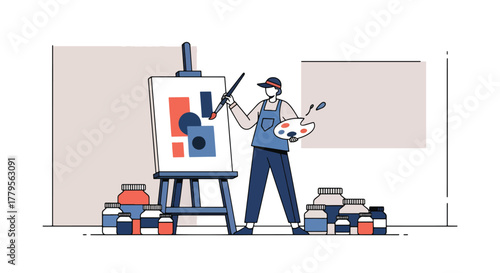 Flat vector illustrator painting on canvas with jars of paint beside. Artistic studio mood with solid shapes