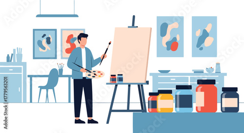 Flat vector illustrator painting on canvas with jars of paint beside. Artistic studio mood with solid shapes
