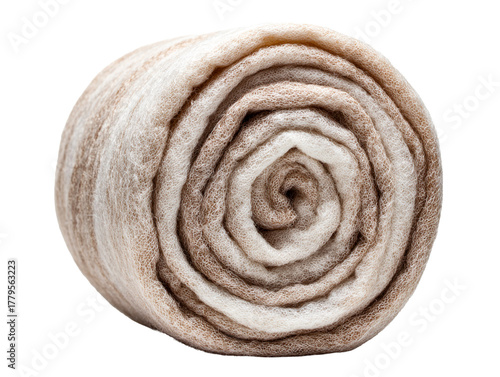 Rolled natural wool fiber with brown and white stripes, isolated on transparent cutout background