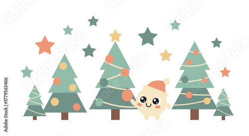 A cute cartoon character in a Santa hat waving among decorated Christmas trees and stars.