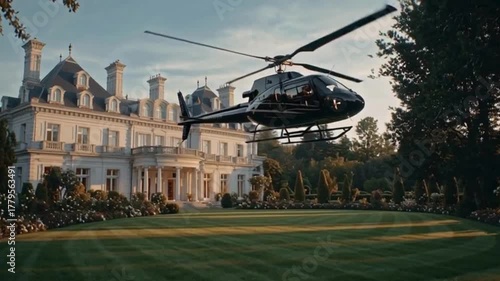 A sleek black helicopter soaring above a grand historic mansion promising untold wealth and luxury