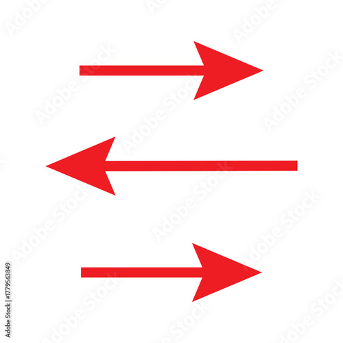 Long arrows icon set. Vector set of trendy long arrows left and right in flat style. Replaceable vector design. Long red curved arrow. Red long arrow vector icon. Flat style long arrow symbol. 
