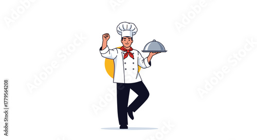 A confident male chef in a traditional white uniform and red scarf presents a covered serving dish and makes a triumphant fist gesture, celebrating culinary success.