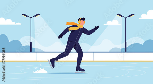 A person wearing a warm winter outfit, including a yellow scarf and earmuffs, gracefully enjoys ice skating on an outdoor rink under the glow of streetlights.