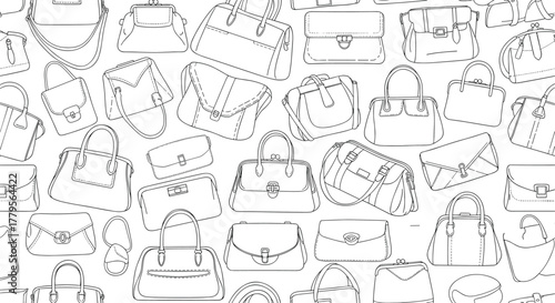 Elegant black and white line art seamless pattern featuring a diverse collection of women's handbags and purses for fashion and textiles.