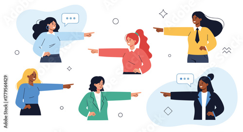 A diverse group of women points forward, symbolizing unity, guidance, and collective decision-making towards a shared direction.