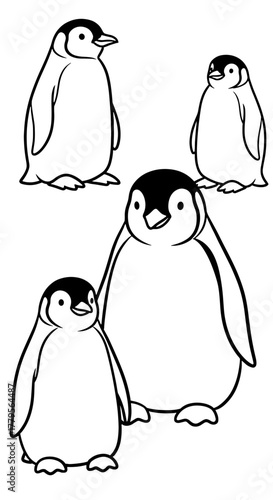 Adorable Penguin Family Gathered Together, Standing Tall on the Antarctic Ice, Wildlife Illustration for Children's Education and Conservation Efforts, Black and White Line Art Graphics (199/200)