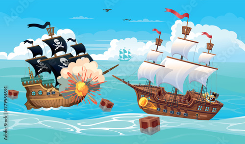 Battle of ships. Pirate ship fighting at sea. Explosions on the ship.  Hand drawing game background. Vector. Cartoon style illustration.