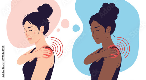 Two diverse women experiencing significant shoulder pain and discomfort, highlighted by red circles and radiating lines, representing injury and health.