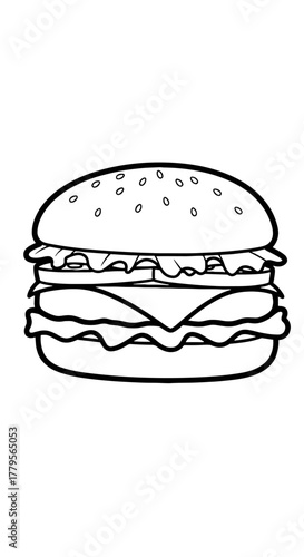 Delicious Burger Illustration for Menu Design: Classic Fast Food in Black and White Outline for Coloring Book, Educational Activity, Restaurant Advertising and American Cuisine Promotion, Culinary Art