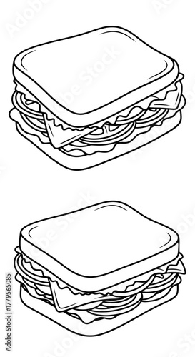 Two Sandwiches Ready to Eat for Lunch or Snack Time, Simple Line Art Illustration on White Background, Delicious Food Drawing for Coloring Books, Menus, Healthy Eating, Simple Recipe Guides, School Pr