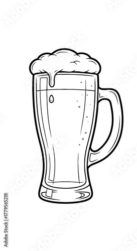 Frothy Beer Mug Illustration Celebration: Refreshing Pint Drawing for Bar Menu or Brewery Promotion, Oktoberfest Festival, Beverages and Drinks, Craft Beer, Alcohol, Festive Celebration Design, Vector