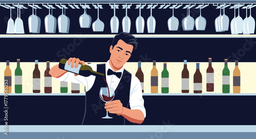 Professional male bartender expertly pours red wine into a glass at a sophisticated bar, surrounded by bottles and hanging wine glasses.