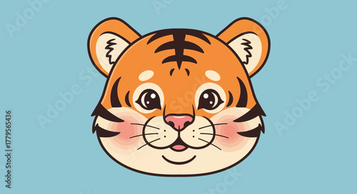 Cartoon illustration of a cute tiger face with orange fur, black stripes, and pink cheeks on a blue background.