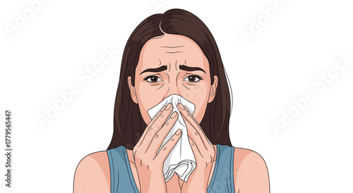 A young woman feeling unwell, blowing her nose into a tissue with a distressed expression, possibly suffering from a cold or allergies.