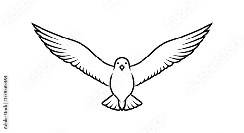 A simple black and white line drawing of a bird in flight.