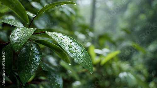 Wallpaper Mural Fresh green leaves with morning raindrops Torontodigital.ca